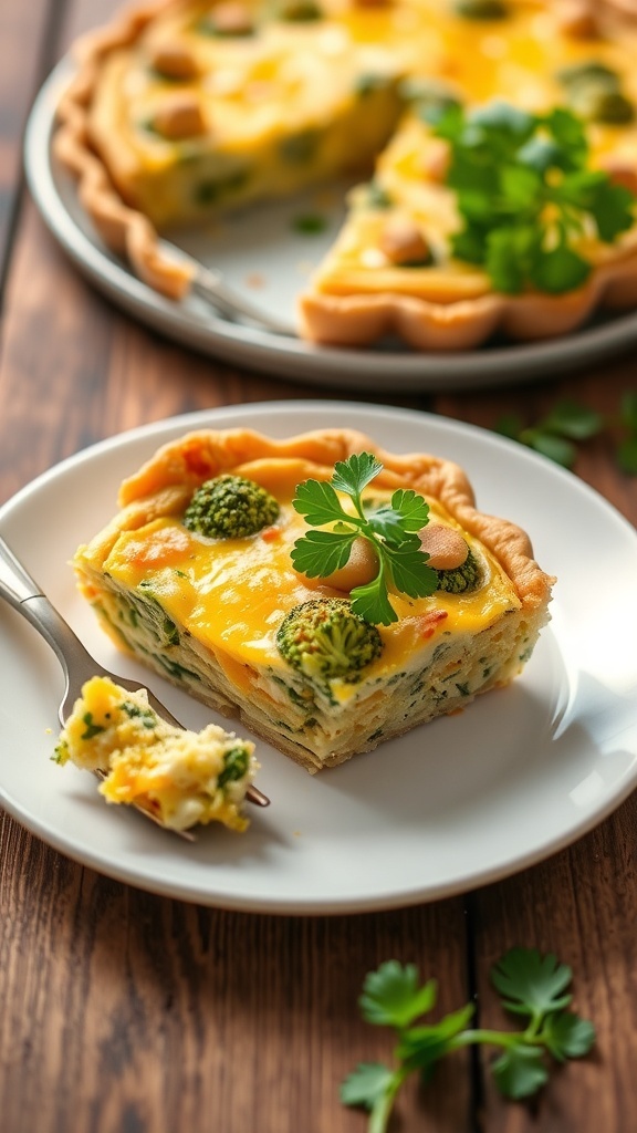 A slice of broccoli cheddar quiche on a plate, garnished with parsley, with a rustic table setting.